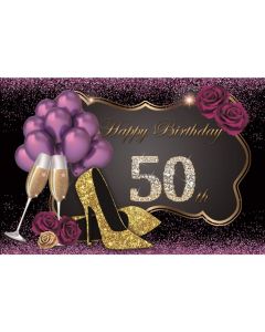 Yeele 6x4ft Happy 50th Birthday Backdrop Glistening Purple Background Champagne High-Heeled Shoes Purple Roses Balloons Party Decoration Lady Girl Portrait Photoshoot Photo Studio Backdrop